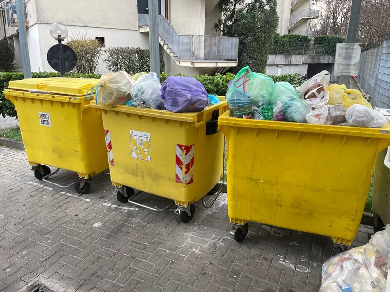 Cassonetti condominiali sovraffollati nella zona differenziata